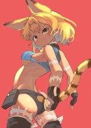 Rule 34 | 1girl, absurdres, animal ears, ass, belt, belt pouch, blonde hair, blush, breasts, cat ears, cat tail, crop top, extra ears, fingerless gloves, gloves, highres, kemono friends, looking at viewer, medium breasts, midriff, ms. fortune (skullgirls), osnmykk, pouch, scar, serval (kemono friends), short hair, skullgirls, smile, solo, tail, underboob