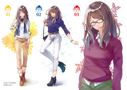 Rule 34 | 1girl, absurdres, arm at side, arms at sides, bag, black-framed eyewear, black hair, blue scarf, blue shirt, boots, bracelet, brown footwear, brown pants, casual, closed mouth, copyright request, cross-laced footwear, dress shirt, eyebrows, floral background, flower, glasses, green eyes, head tilt, high heel boots, high heels, highres, holding, jacket, jewelry, knee boots, lace-up boots, long hair, looking at viewer, multiple views, pants, parted lips, patterned background, retsuna, scarf, shirt, shoulder bag, simple background, sleeves past elbows, sleeves rolled up, smile, standing, standing on one leg, sweater, swept bangs, white background, white flower, white pants, white shirt