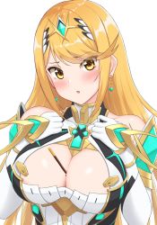 Rule 34 | 1girl, :o, armor, bare shoulders, blonde hair, blush, breasts, chocolate, chocolate on body, chocolate on breasts, cleavage, cleavage cutout, clothing cutout, commentary request, dress, earrings, elbow gloves, food, food between breasts, food on body, gem, gloves, hands on own chest, highres, jewelry, large breasts, long hair, melting, mythra (xenoblade), nemunemu semi, nintendo, open mouth, pauldrons, pocky, shoulder armor, simple background, solo, swept bangs, tiara, v-shaped eyebrows, white background, white dress, white gloves, xenoblade chronicles (series), xenoblade chronicles 2, yellow eyes