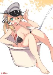 Rule 34 | 10s, 1girl, ;d, artist name, bare legs, barefoot, bikini, blonde hair, breasts, cleavage, cup, flower, green eyes, hair flower, hair ornament, hair ribbon, hat, huge breasts, in container, in cup, jpeg artifacts, kantai collection, long hair, one eye closed, open mouth, peaked cap, prinz eugen (kancolle), ribbon, sensen, simple background, smile, solo, swimsuit, twintails