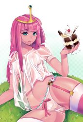 Rule 34 | 1girl, adventure time, babydoll, banana, blue eyes, breasts, colored skin, food, fruit, garter straps, glass, highres, ice cream, long hair, loyproject, nipples, panties, partially visible vulva, pink hair, pink skin, pocky, princess bonnibel bubblegum, reclining, see-through, small breasts, solo, sundae, thighhighs, tiara, underwear, underwear only, white thighhighs