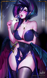 Rule 34 | 1girl, bare shoulders, black nails, black panties, black thighhighs, breasts, collarbone, colored sclera, covered erect nipples, covered navel, cup, female pubic hair, glowing, glowing eyes, groin, hair between eyes, hand up, highres, holding, holding cup, jewelry, large breasts, league of legends, long hair, medium hair, merellyne, morgana (league of legends), nail polish, necklace, nipples, off shoulder, panties, pink lips, pink sclera, pubic hair, purple hair, signature, skindentation, solo, teeth, thighhighs, tongue, tongue out, underwear, upper teeth only, watermark, web address, wings