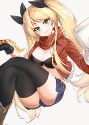 Rule 34 | 1girl, :t, absurdres, azur lane, bikini, bikini top only, black bikini, black thighhighs, blonde hair, blush, boots, breasts, brown footwear, cleavage, clip studio paint (medium), closed eyes, commentary, cowboy boots, cowboy shot, crossed legs, denim, denim shorts, eating, fingerless gloves, food, gloves, green eyes, hair ribbon, highres, holding, holding food, hornet (azur lane), hornet (freshly-baked bonding!) (azur lane), jacket, karla (kimidori3), large breasts, long hair, long sleeves, looking at viewer, official alternate costume, open clothes, open jacket, orange jacket, orange scarf, pizza, pizza box, pizza slice, ribbon, scarf, short shorts, shorts, sidelocks, simple background, skindentation, smile, solo, stomach, swimsuit, thighhighs, twintails, very long hair, white background