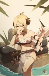 Rule 34 | 1girl, absurdres, arknights, bare shoulders, belt, bikini, blonde hair, bracelet, breasts, cleavage, collar, collarbone, crossed legs, fingernails, folded ponytail, hair between eyes, hand on own face, hand up, highres, horns, if f, ifrit (arknights), ifrit (sunburn) (arknights), jewelry, long fingernails, looking at viewer, material growth, nail polish, official alternate costume, one eye closed, orange eyes, orange nails, oripathy lesion (arknights), ring, see-through, short hair, sidelocks, simple background, sitting, small breasts, smile, strapless, strapless bikini, swimsuit, water, white bikini, yellow background