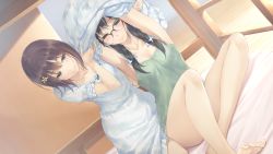 Rule 34 | 2girls, arms up, ass, barefoot, bed, black eyes, black hair, blush, braid, breasts, brown hair, camisole, feet, flowers (game), glasses, innocent grey, legs, long hair, multiple girls, nightgown, pajamas, short hair, sitting, small breasts, smile, thighs, toes, twin braids, undressing, yuri