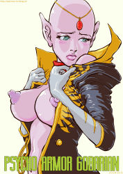 Rule 34 | 1980s (style), 1girl, alien, bald, bald girl, blush, breasts, character request, colored skin, embarrassed, gloves, green eyes, large breasts, lips, lowres, nipples, no bra, oldschool, open clothes, open shirt, oprince, pink skin, pointy ears, psycho armor govarian, puffy areolae, puffy nipples, retro artstyle, shirt, simple background, solo, upper body