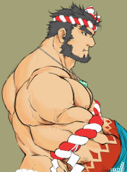 Rule 34 | 1boy, absurdres, back, bara, beard, black eyes, black hair, expressionless, facial hair, fangs, forked eyebrows, from side, hachimaki, halco (halco777), headband, highres, large pectorals, long sideburns, magatama, magatama necklace, male focus, muscular, necklace, nejiri hachimaki, nipples, pectorals, short hair, sideburns, simple background, solo, tajikarao (housamo), thick eyebrows, tokyo houkago summoners, topless male, upper body