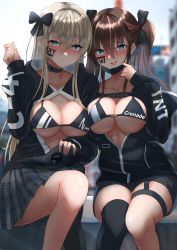 Rule 34 | 2girls, absurdres, asymmetrical docking, bikini, bikini top only, black jacket, blonde hair, blue eyes, blurry, blurry background, blush, body writing, bow, breast press, breasts, breasts squeezed together, brown hair, choker, closed mouth, collarbone, crossed bangs, english text, framed breasts, full-face blush, garter straps, hair between eyes, hair bow, hair intakes, hana hebi, hand up, heart, heart-shaped pupils, highres, holding, holding mask, hood, hoodie, jacket, knees, large breasts, long bangs, long hair, long sleeves, looking at viewer, mask, micro bikini, mouth mask, multicolored hair, multiple girls, off shoulder, open clothes, open jacket, original, partially unzipped, plague doctor mask, pleated skirt, ponytail, pout, removing mask, short shorts, shorts, side-by-side, single thighhigh, sitting, skirt, smile, streaked hair, swimsuit, symbol-shaped pupils, thigh strap, thighhighs, track jacket, twintails, underboob