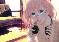 Rule 34 | 1girl, absurdres, alternate hairstyle, aqua eyes, bespectacled, cup, glasses, headphones, headphones around neck, highres, jewelry, just be friends (vocaloid), lips, long hair, megurine luka, pink hair, ring, smile, solo, vocaloid, yunomi, yunomi (yunomi imonuy)