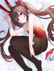 Rule 34 | 1girl, absurdres, alternate costume, animal ears, armpit crease, bed sheet, bell, black choker, black pantyhose, breasts, brown hair, butterfly-shaped pupils, choker, commentary, fake animal ears, fox mask, fox shadow puppet, gompu, highres, honkai: star rail, honkai (series), knees up, leotard, looking at viewer, lying, mask, medium breasts, nail polish, neck bell, no shoes, on side, open mouth, pantyhose, playboy bunny, purple eyes, rabbit ears, red leotard, red nails, sideboob, sidelocks, smile, solo, sparkle (honkai: star rail), strapless, strapless leotard, symbol-only commentary, symbol-shaped pupils, twintails, unworn mask, wrist cuffs