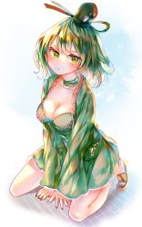 Rule 34 | 1girl, absurdres, arm support, breasts, cleavage, dress, green dress, green eyes, green hair, green nails, hat, highres, itsumizu, leaning forward, looking at viewer, medium breasts, nail polish, short hair, simple background, soga no tojiko, solo, tate eboshi, touhou