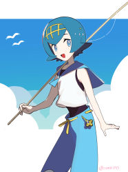Rule 34 | 1girl, :d, bad id, bad twitter id, blue eyes, blue hair, blue pants, blue sailor collar, bright pupils, commentary, creatures (company), fishing rod, freckles, game freak, hairband, holding, holding fishing rod, lana (pokemon), looking at viewer, nintendo, no sclera, one-piece swimsuit, open mouth, pants, pokemon, pokemon sm, sailor collar, shirt, short hair, sleeveless, sleeveless shirt, smile, solo, swimsuit, swimsuit under clothes, tongue, twitter username, white pupils, white shirt, yellow hairband, zonbi4771