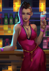 Rule 34 | 1girl, alternate costume, arm support, artist name, asymmetrical hair, bar (place), bare shoulders, belly chain, blurry, blurry background, breasts, cleavage, collarbone, commentary request, contemporary, counter, covered erect nipples, cowboy shot, cup, dark-skinned female, dark skin, dated, dress, drinking glass, earrings, evening gown, eyeshadow, flower, holding, holding cup, holding drinking glass, jewelry, leaning to the side, lipstick, long hair, looking at viewer, makeup, medium breasts, mole, mole under eye, multicolored hair, nail polish, necklace, no bra, open mouth, overwatch, overwatch 1, pendant, pink dress, purple eyes, purple hair, purple lips, purple nails, shadowjwu, signature, sleeveless, sleeveless dress, smile, solo, sombra (overwatch), standing, stud earrings, two-tone hair, wine glass, wristband