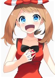Rule 34 | 1girl, :d, absurdres, bad id, bad pixiv id, blue eyes, bow, breasts, brown hair, collarbone, creatures (company), game freak, hair bow, hairband, highres, holding, holding poke ball, long hair, looking at viewer, may (pokemon), nintendo, open mouth, poke ball, poke ball (basic), pokemon, pokemon oras, red hairband, red shirt, shirt, simple background, sleeveless, sleeveless shirt, small breasts, smile, solo, striped, striped bow, twintails, upper body, white background, yuihico