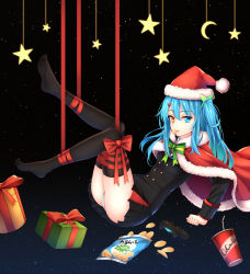 Rule 34 | 1girl, :p, ass, black thighhighs, blue eyes, blue hair, box, buttons, cape, chips (food), christmas, controller, double-breasted, drinking straw, food, game controller, gift, gift box, hat, healther, heterochromia, highres, matching hair/eyes, original, panties, pleated skirt, ribbon, santa hat, skirt, smile, solo, thighhighs, tongue, tongue out, twintails, underwear, white panties, yellow eyes