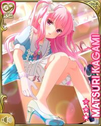 Rule 34 | 1girl, blue dress, blush, bow, character name, closet, dress, girlfriend (kari), gloves, hair bow, indoors, jewelry, kagami matsuri, long hair, looking at viewer, necklace, night, official art, open mouth, pink eyes, pink hair, qp:flapper, ribbon, sitting, smile, solo, two side up, white gloves