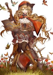 Rule 34 | 1girl, axe, bird, blonde hair, bug, rabbit, butterfly, cape, deer, flower, gloves, grass, green eyes, grimm&#039;s fairy tales, hood, bug, little red riding hood, little red riding hood (grimm), long hair, original, princess royale, ribbon, solo, squirrel, tsukioka tsukiho, twintails, weapon