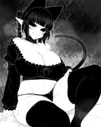 Rule 34 | 1girl, adapted costume, animal ears, arm support, black thighhighs, blunt bangs, blush, braid, breasts, cat ears, cat tail, choker, cleavage, closed mouth, collarbone, extra ears, feet out of frame, frilled choker, frills, greyscale, haseru (ginku mh), kaenbyou rin, large breasts, long hair, looking at viewer, monochrome, multiple tails, nekomata, off shoulder, pointy ears, sitting, smile, solo, tail, thighhighs, touhou, tsurime, twin braids, twintails, two tails