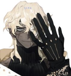 Rule 34 | black gloves, blonde hair, blue eyes, closed mouth, dark-skinned male, dark skin, earrings, eyepatch, fangs, fangs out, gloves, hand over eye, hand up, jewelry, looking at viewer, one eye covered, original, pigeon666, portrait, simple background, smile, white background