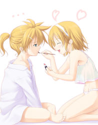 Rule 34 | ..., 1boy, 1girl, armpits, barefoot, blonde hair, brother and sister, camisole, closed eyes, feet, hair ornament, hairband, hairclip, happy, heart, kagamine len, kagamine rin, kazami fukashido, lingerie, lipstick, makeup, navel, panties, ponytail, see-through, short hair, siblings, sitting, smile, twins, underwear, vocaloid, white panties
