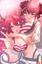 Rule 34 | 2girls, aqua eyes, arm around neck, asymmetrical wings, belt, bikini, breast smother, breasts, cleavage, concert, demon horns, double halo, face to breasts, g-string, hair between eyes, hair ornament, hair ribbon, halo, heart, heart in eye, heterochromia, highres, holding, hololive, hololive english, hololive summer 2023 swimsuit, horns, houshou marine, irys (hololive), kaji zarame, large breasts, long hair, medium breasts, miniskirt, multicolored hair, multiple girls, navel, pink eyes, pointy ears, purple hair, red eyes, red hair, ribbon, skirt, stage, star halo, star ornament, swimsuit, symbol in eye, thighs, thong, twintails, two-tone hair, v, very long hair, virtual youtuber, white belt, wings, yellow eyes