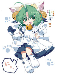 Rule 34 | 1girl, absurdres, ahoge, animal ear fluff, animal ears, bell, blue bow, blush, bow, cat tail, color guide, dejiko, di gi charat, eyes visible through hair, fang, gloves, green eyes, green hair, hat, hat bell, highres, maid, medium hair, neck bell, open mouth, paw print, paw print background, ryu (17569823), simple background, solo, speech bubble, tail, tail bow, tail ornament, tongue, v, white background, white gloves, white hat