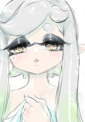 Rule 34 | 1girl, cross-shaped pupils, eyelashes, gradient hair, green hair, grey hair, hair down, hand up, inkling, koharu2.5, long hair, looking at viewer, marie (splatoon), mole, mole under eye, multicolored hair, nintendo, parted lips, pink lips, pointy ears, red pupils, short eyebrows, simple background, solo, splatoon (series), symbol-shaped pupils, tentacle hair, two-tone hair, white background, yellow eyes