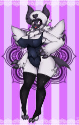 Rule 34 | 1girl, :3, absol, animal hands, bespectacled, black-framed eyewear, black thighhighs, blue one-piece swimsuit, blush, breasts, cameltoe, claws, covered erect nipples, covered navel, creatures (company), fangs, feet, female focus, full body, furry, furry female, game freak, gen 3 pokemon, glasses, hand on own hip, heart, highres, horns, large breasts, looking to the side, mega absol, mega pokemon, nintendo, one-piece swimsuit, personification, pink background, pokemon, pokemon (creature), pokemon rse, purple eyes, short hair, simple background, smile, solo, standing, swimsuit, tail, teeth, thighhighs, white hair, wings, zzvinniezz