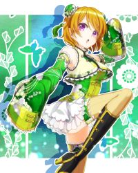 Rule 34 | 1girl, aoi (kiyokiyoaomushi), birthday, blonde hair, boots, breasts, bug, bun cover, butterfly, chinese clothes, detached sleeves, double bun, floral background, floral print, happy birthday, highres, bug, koizumi hanayo, kung fu, love live!, love live! school idol festival, love live! school idol project, medium breasts, purple eyes, short hair, skirt, sleeves past wrists, solo, thighhighs