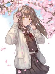 Rule 34 | 1girl, absurdres, arm up, blue sky, blurry, blurry background, blush, branch, brown eyes, brown hair, brown sailor collar, brown serafuku, brown shirt, brown skirt, cherry blossoms, commentary request, day, depth of field, flower, grey jacket, hand up, head tilt, highres, jacket, long hair, long sleeves, neck ribbon, open clothes, open jacket, original, parted lips, petals, pink flower, pleated skirt, red ribbon, ribbon, sailor collar, saino misaki, school uniform, serafuku, shirt, skirt, sky, solo, white background