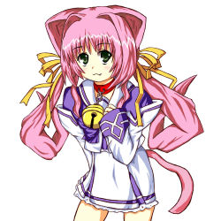 Rule 34 | arm behind back, bell, collar, fang, green eyes, muv-luv, neck bell, pink hair, ribbon, solo, tail, tamase miki, tomonekomata, twintails
