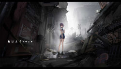 Rule 34 | 1girl, absurdres, bare legs, bijian de linghun, black footwear, blue ribbon, blue shorts, blush, building, chainsaw man, character name, closed mouth, collared shirt, green eyes, hair between eyes, highres, holding own arm, letterboxed, looking at viewer, neck ribbon, purple hair, reze (chainsaw man), ribbon, road sign, rubble, shirt, shoes, short hair, shorts, side slit, sign, silk, smile, spider web, translated, trash can, utility pole, vending machine, white shirt, wide shot