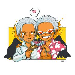 Rule 34 | 2boys, aged down, artist name, black wings, child, crocodile (one piece), donquixote doflamingo, fire, floral print, gun, hair slicked back, hand on another&#039;s shoulder, heart, highres, holding, holding gun, holding weapon, k164, medium hair, multiple boys, muscular, muscular male, one piece, open clothes, orange-tinted eyewear, out of frame, pink shirt, seraphim (one piece), shirt, short hair, sidelocks, smile, speech bubble, star-shaped pupils, star (symbol), sunglasses, symbol-shaped pupils, teeth, tinted eyewear, upper body, weapon, white-framed eyewear, white hair, white shirt, wings, yellow eyes