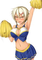 Rule 34 | 1girl, arm up, armpits, bare shoulders, blazblue, blazblue: chronophantasma, blonde hair, blush, breasts, bullet (blazblue), cheerleader, cleavage, cleavage cutout, clothing cutout, dark skin, dark-skinned female, female focus, hair ornament, large breasts, looking at viewer, midriff, open mouth, pleated skirt, pom pom (cheerleading), scar, shaito, short hair, simple background, skirt, solo, speed lines, sweatdrop, white hair, yellow eyes