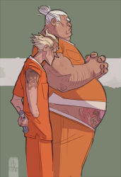Rule 34 | 2boys, amputee, arm tattoo, black nails, blonde hair, commentary, cowboy shot, explosive, fat, fat man, fingernails, from side, furrowed brow, grenade, junkrat (overwatch), multiple boys, nail polish, overwatch, overwatch 1, own hands together, pocket, prison clothes, roadhog (overwatch), short hair, signature, skull and crossbones, smile, stomach tattoo, tattoo, white hair
