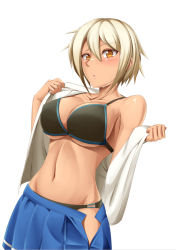 Rule 34 | 1girl, bikini, bikini top only, blazblue, blazblue: chronophantasma, blush, breasts, bullet (blazblue), cleavage, female focus, large breasts, looking at viewer, scar, shaito, short hair, simple background, skirt, solo, sweat, swimsuit, undressing, white hair, yellow eyes