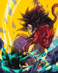 Rule 34 | 2boys, angry, arm up, baggy pants, biceps, black hair, body fur, bracer, broly (dragon ball z), clenched teeth, commentary request, debris, dragon ball, dragon ball gt, dragonball z, earrings, energy, fighting, highres, hoop earrings, jewelry, kouji08250, long hair, male focus, monkey tail, multiple boys, muscular, muscular male, no pupils, pants, parted bangs, punching, red fur, rock, son goku, spiked hair, super saiyan, super saiyan 4, tail, teeth, v-shaped eyebrows, white pants, yellow background