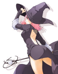 Rule 34 | 1girl, ass, back cutout, backless outfit, bare back, bare legs, clothing cutout, dark souls (series), dark souls i, dark souls ii, dress, frills, hand on headwear, hat, holding, holding clothes, holding hat, lips, long sleeves, looking back, pink eyes, pink hair, purple dress, shadow, short hair, simple background, solo, staff, takahashi tsubasa, undead hero (dark souls 2), white background, wing (aiastor), witch, witch hat