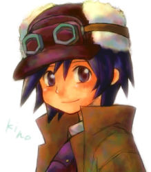 Rule 34 | 00s, 1girl, androgynous, artist request, coat, earflap hat, goggles, goggles on head, goggles on headwear, hat, kino (kino no tabi), kino no tabi, looking at viewer, lowres, short hair, smile, solo, tagme