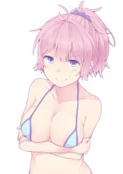 Rule 34 | 10s, 1girl, aoba (kancolle), bare arms, bare shoulders, blue bra, blue eyes, bra, breast hold, breasts, crossed arms, kantai collection, large breasts, pink hair, ponytail, shikajima shika, short hair, simple background, solo, underwear, white background
