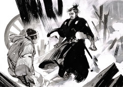 Rule 34 | 2boys, clenched hand, commission, destroyed, facial hair, greyscale, highres, holding, holding sword, holding weapon, ink (medium), matias bergara, mifune toshiro, monochrome, multiple boys, mustache, open mouth, real life, samurai, sword, traditional media, weapon, yojimbo (film)