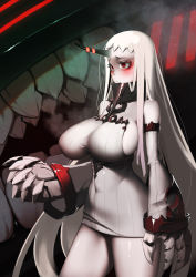 Rule 34 | 10s, 1girl, abyssal ship, bad id, bad pixiv id, breasts, claws, covered navel, detached sleeves, dress, horns, huge breasts, jellytits-7, kantai collection, long hair, red eyes, seaport princess, sideboob, single horn, solo, standing, white hair