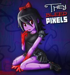 Rule 34 | 1girl, black hair, blood, clawed girl, claws, colored skin, copyright name, dress, english text, highres, monster, purple skin, red eyes, ribbon, scar, skirt, solo, synesterneko, they bleed pixels