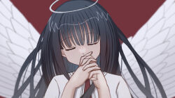 Rule 34 | 1girl, angel, angel wings, black hair, blunt bangs, blurry, capelet, closed eyes, commentary, covered mouth, depth of field, facing viewer, floating hair, halo, hands up, head tilt, highres, interlocked fingers, long hair, mahigu re, necktie, own hands together, praying, red background, red necktie, school uniform, simple background, solo, subarashiki hibi, takashima zakuro, white capelet, white wings, wings