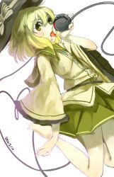 Rule 34 | 1girl, bad id, bad twitter id, barefoot, blood, blood in mouth, bow, dated, eyeball, green eyes, green hair, hat, hat bow, heart, heart of string, highres, inactive account, komeiji koishi, long sleeves, looking at viewer, matching hair/eyes, nishiuri, open mouth, shirt, short hair, simple background, skirt, solo, string, third eye, tongue, tongue out, touhou, white background, wide sleeves