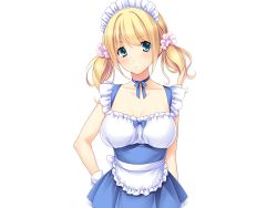 Rule 34 | 1girl, apron, ayase hazuki, blonde hair, blue eyes, blush, breasts, choker, collarbone, cowboy shot, eyebrows, game cg, large breasts, looking at viewer, maid, maid headdress, nise bitch, ribbon, ribbon choker, scrunchie, serious, simple background, skirt, sleeveless, solo, standing, twintails, waist apron, white background, wrist cuffs