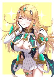 Rule 34 | 1girl, absurdres, bare shoulders, blonde hair, blush, breasts, chest jewel, chewing, cleavage, cleavage cutout, closed eyes, clothing cutout, dress, eating, elbow gloves, food, gloves, headpiece, highres, jewelry, large breasts, long hair, mythra (xenoblade), short dress, smile, solo, swept bangs, taro (peach taro51), thigh strap, tiara, very long hair, white dress, xenoblade chronicles (series), xenoblade chronicles 2