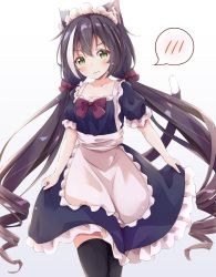 Rule 34 | alternate costume, animal ear fluff, animal ears, apron, black hair, black thighhighs, blue dress, blush, breasts, cat ears, cat girl, cat tail, commentary request, dress, enmaided, frilled dress, frills, green eyes, hair between eyes, highres, holding, holding clothes, holding dress, karyl (princess connect!), looking at viewer, maid, maid apron, maid headdress, minazuki mizu, princess connect!, short sleeves, simple background, small breasts, solo, spoken blush, tail, thighhighs, twintails, wavy mouth, white background