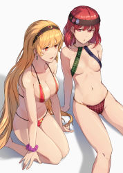 Rule 34 | 2girls, adapted costume, bare arms, bare shoulders, bikini, black hairband, black headband, blonde hair, blue bikini, blush, breasts, collarbone, commentary request, earrings, feet out of frame, green bikini, grey background, hair between eyes, hairband, headband, hecatia lapislazuli, highres, hsin, jewelry, junko (touhou), kneeling, large breasts, long hair, looking at another, medium breasts, multicolored bikini, multicolored clothes, multiple girls, navel, open mouth, orange eyes, parted lips, red bikini, red eyes, red hair, scrunchie, shadow, short hair, simple background, sitting, skindentation, smile, stomach, swimsuit, thighs, touhou, very long hair, wrist scrunchie
