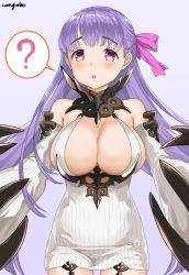 Rule 34 | 10s, 1girl, ?, bare shoulders, blush, breasts, claws, cleavage, cleavage cutout, clothing cutout, cosplay, curry soba, detached sleeves, dress, eyebrows, fate/extra, fate/extra ccc, fate (series), hair ribbon, highres, huge breasts, kantai collection, long hair, open mouth, passionlip (fate), pink eyes, purple hair, ribbed dress, ribbon, seaport water oni, seaport water oni (cosplay), short dress, simple background, solo, speech bubble, spoken question mark, sweatdrop, thigh gap, very long hair, white dress